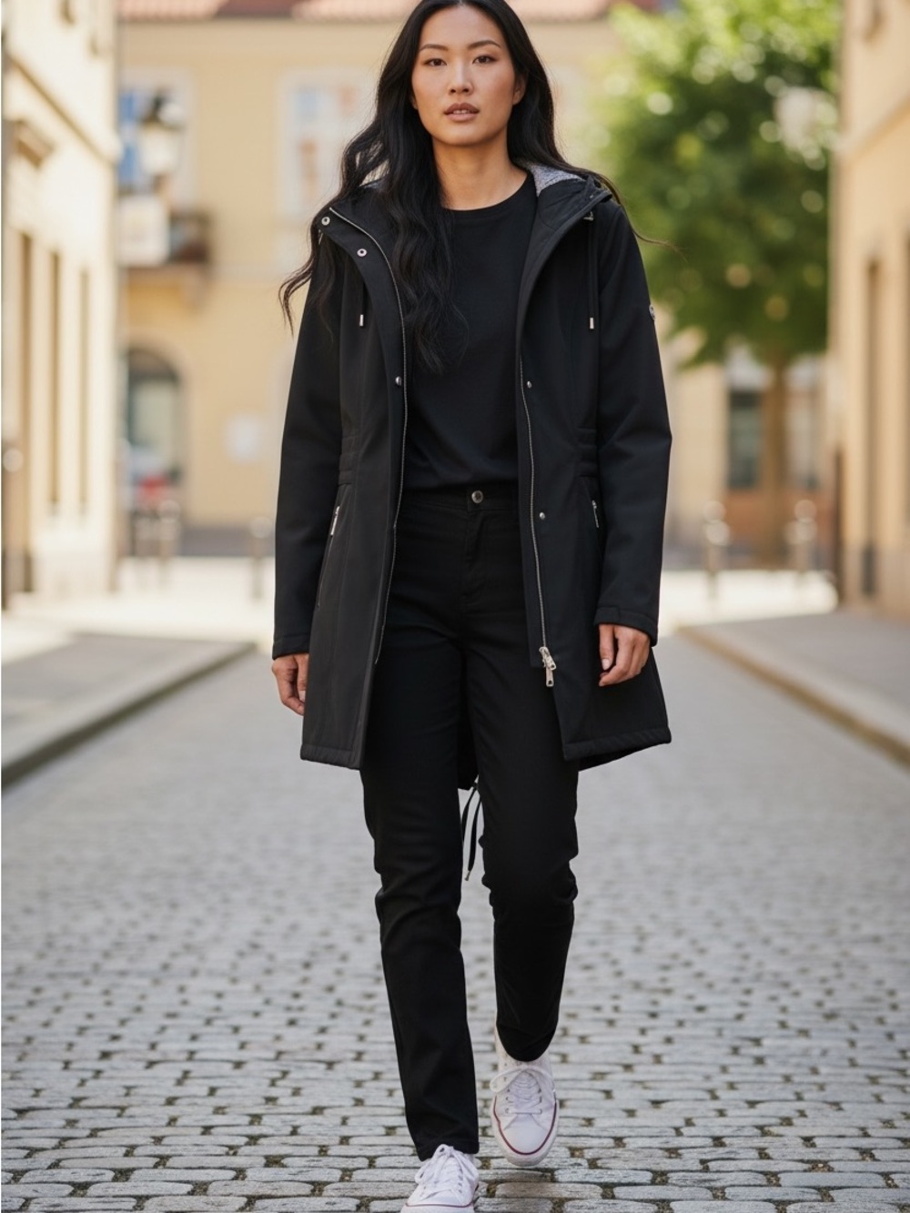 Michael Kors Black Hooded Trench Coat with Zip Detail